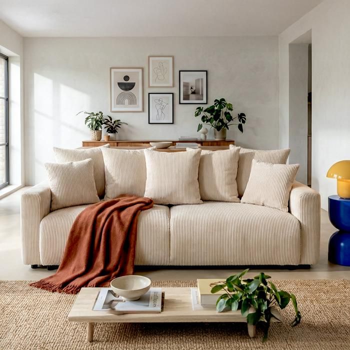 Produit similaire: Canapé convertible 3 places en velours côtelé beige avec coffre de rangement - Uma