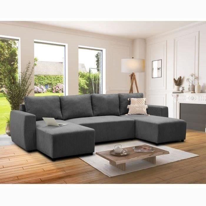 Produit similaire: Canapé d'angle convertible panoramique PHARELL 5/6 places - Tissu velours côtelé anthracite - Coffre de rangement - L297xP155xH85cm
