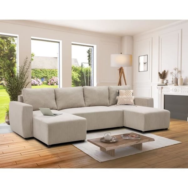 Canapé Pharell angle 7 places velours côtelé beige