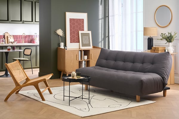 Canapé convertible scandinave 3 places en tissu gris foncé et bois clair YUMI