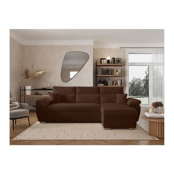 Canapé d'angle 4 places KOMECO reversible convertible avec coffre en velours côtelé - Marron - L265 x P166 x H91cm - LOUNGITUDE