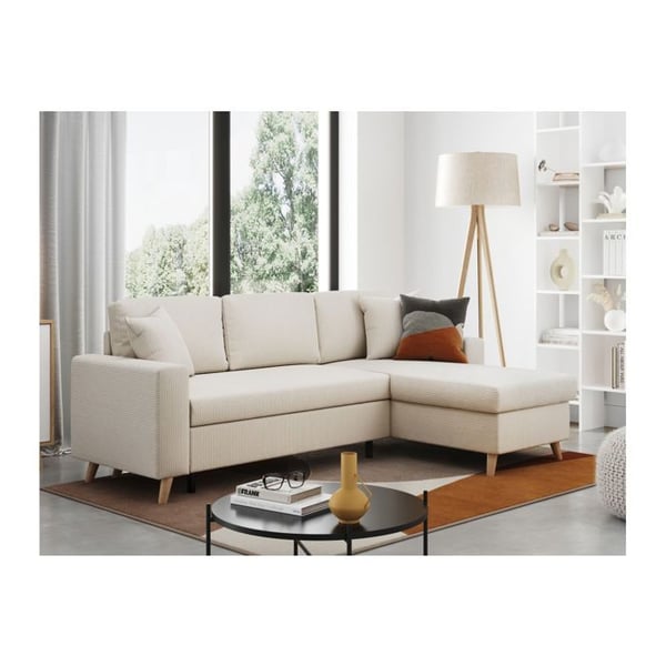 Canapé d'angle 4 places réversible et convertible MARIA SCANDINAVE en velours côtelé fin - Beige - L227 x 147 x 89cm - LOUNGITUDE