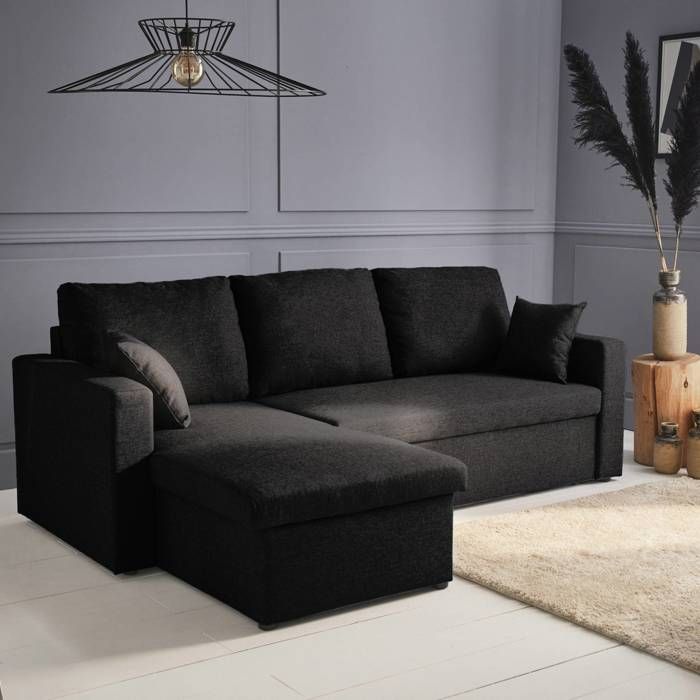 Produit similaire: Canapé d'angle convertible en tissu noir - IDA - 3 places. fauteuil d'angle réversible coffre rangement lit modulable