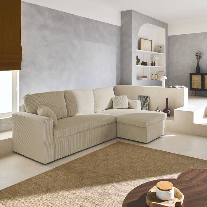 Produit similaire: Canapé d'angle convertible et réversible. velours côtelé grosse côte greige. 3 places