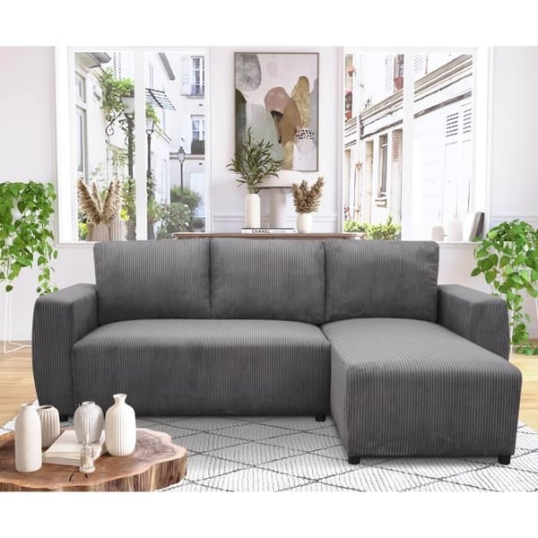 Canapé d'angle convertible réversible 3-4 places PHARELL - velours côtelé Anthracite - Coffre de rangement - L224 x P155 x H85 cm