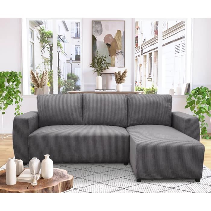 Produit similaire: Canapé d'angle convertible réversible 3-4 places PHARELL - velours côtelé Anthracite - Coffre de rangement - L224 x P155 x H85 cm
