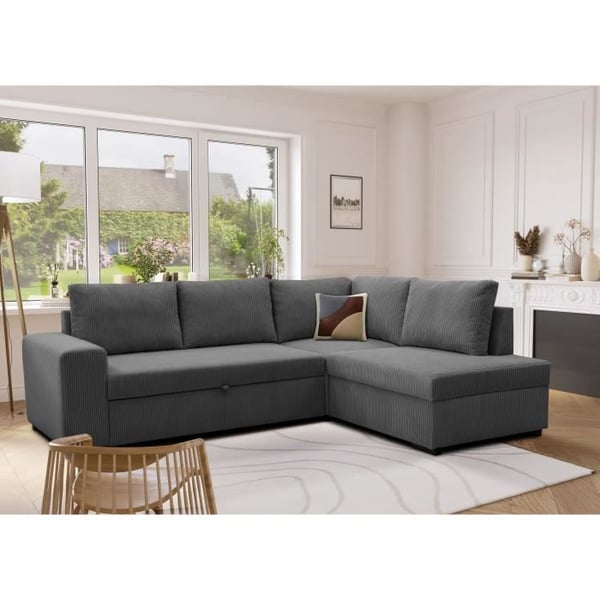 Canapé d'angle convertible réversible NIRVANA 4 à 5 places - Tissu velours côtelé anthracite - Coffre de rangement - L247 x P 183 x