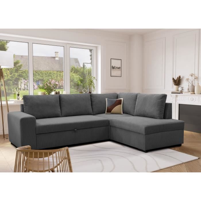 Produit similaire: Canapé d'angle convertible réversible NIRVANA 4 à 5 places - Tissu velours côtelé anthracite - Coffre de rangement - L247 x P 183 x