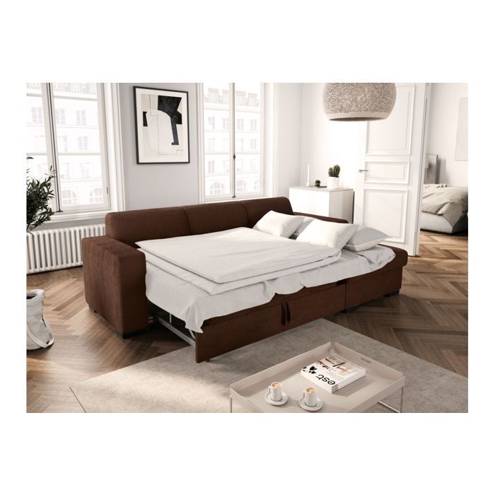 Canapé d'angle droit 4 places FUJI XL convertible avec coffre en velours côtelé - Marron - L262 x P157 x H83cm - LOUNGITUDE - Vue supplémentaire 2