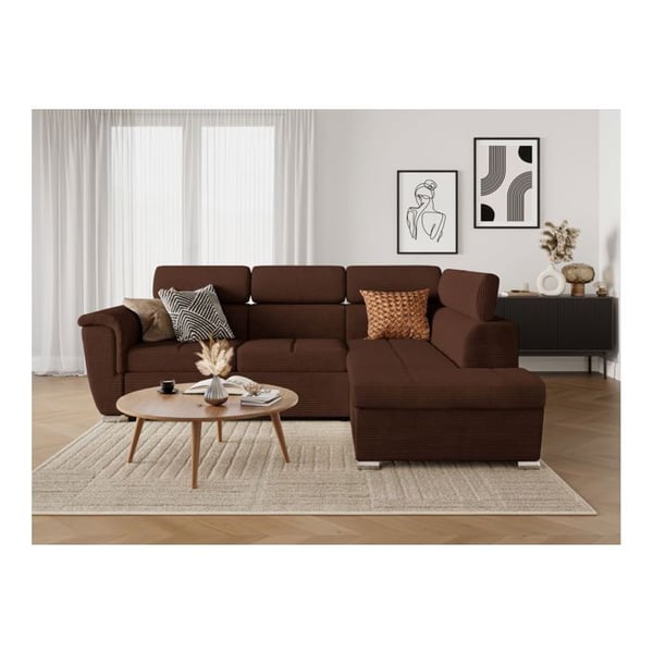 Canapé d'angle droit 4 places PAOLA convertible avec coffre en velours côtelé - Marron - L252 x P188 x H76cm - LOUNGITUDE