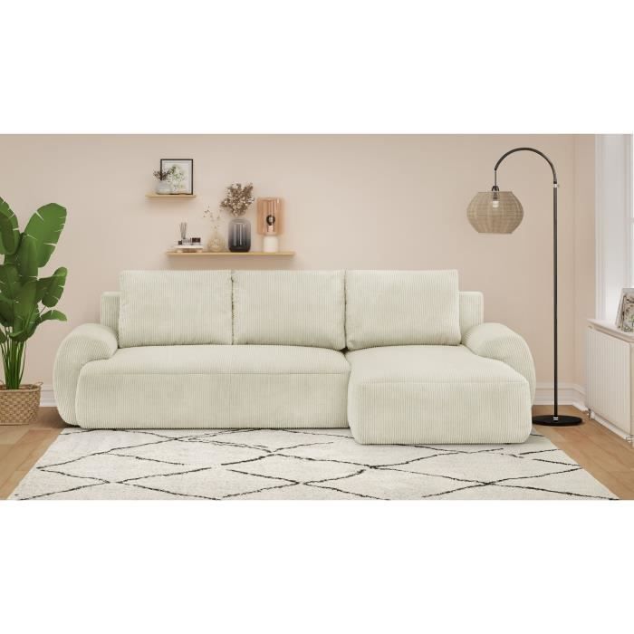 Produit similaire: Canapé d'angle droit convertible 4/5 places MILO - Velours côtelés beige - Coffre de rangement - L 264 x H 84 x P 99/145 cm