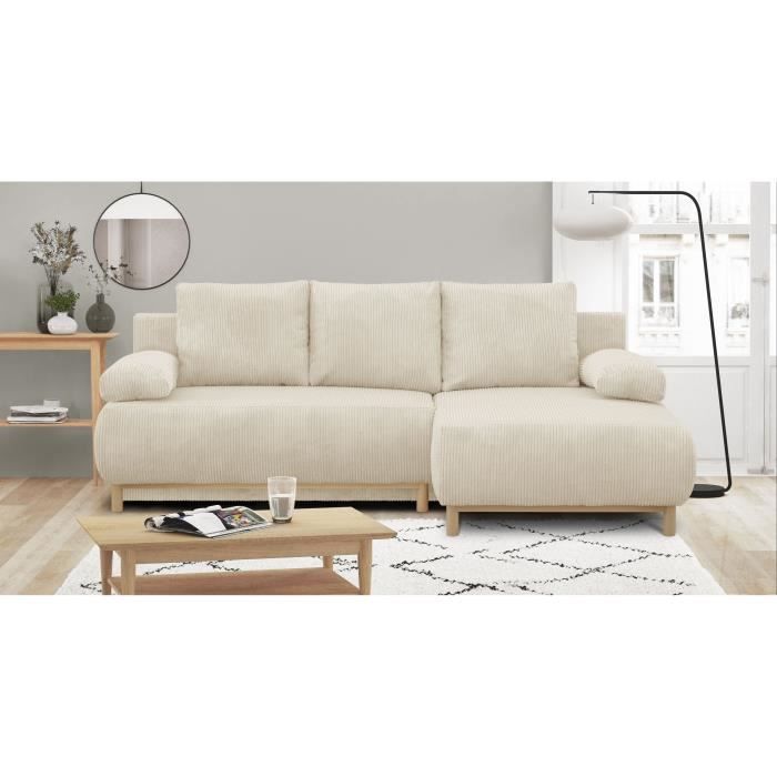 Produit similaire: Canapé d'angle droit convertible MIKA 3 places - Velours côtelé beige - Coffre de rangement - L218 x P98/145 x H84 cm