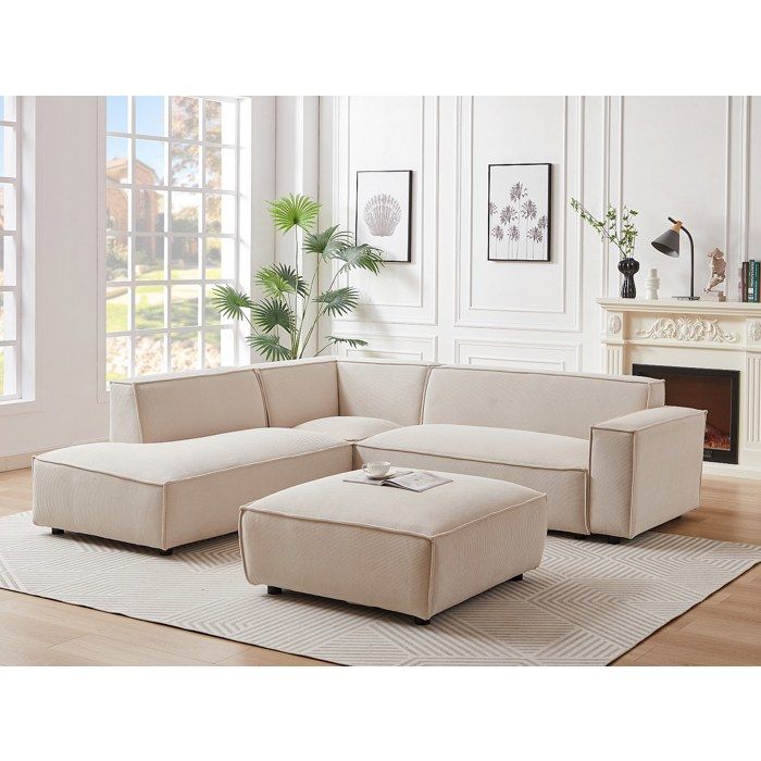 Produit similaire: Canapé d'angle gauche et pouf en velours côtelé beige BORORE