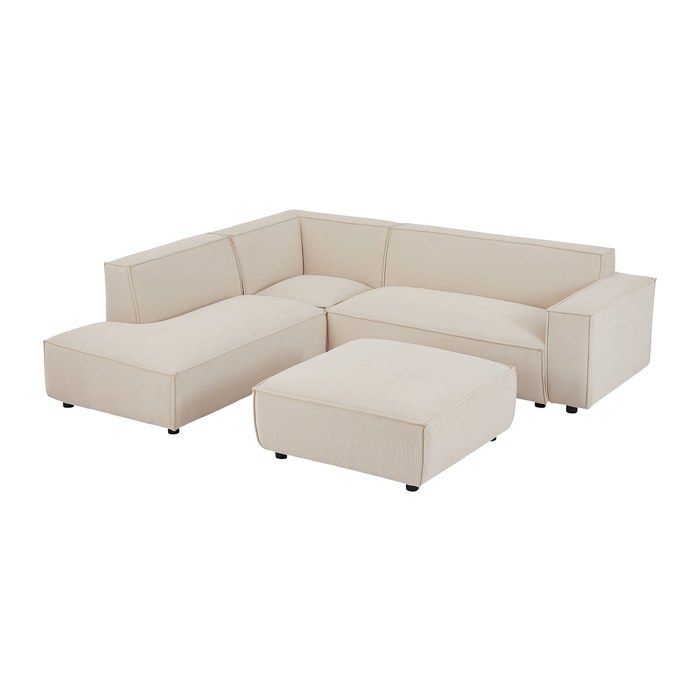 Canapé d'angle gauche et pouf en velours côtelé beige BORORE - Vue supplémentaire 1