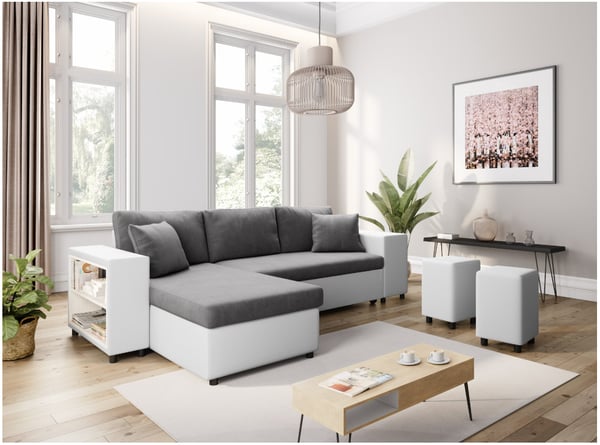 Canapé Mady - Angle convertible avec coffre, accoudoir étagère et poufs en simili et microfibre