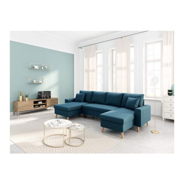 Canapé d'Angle Panoramique MARIA SCANDINAVE Convertible Avec 2 Coffres en Tissu - Bleu pétrole - L289 x 145 x 95cm - LOUNGITUDE