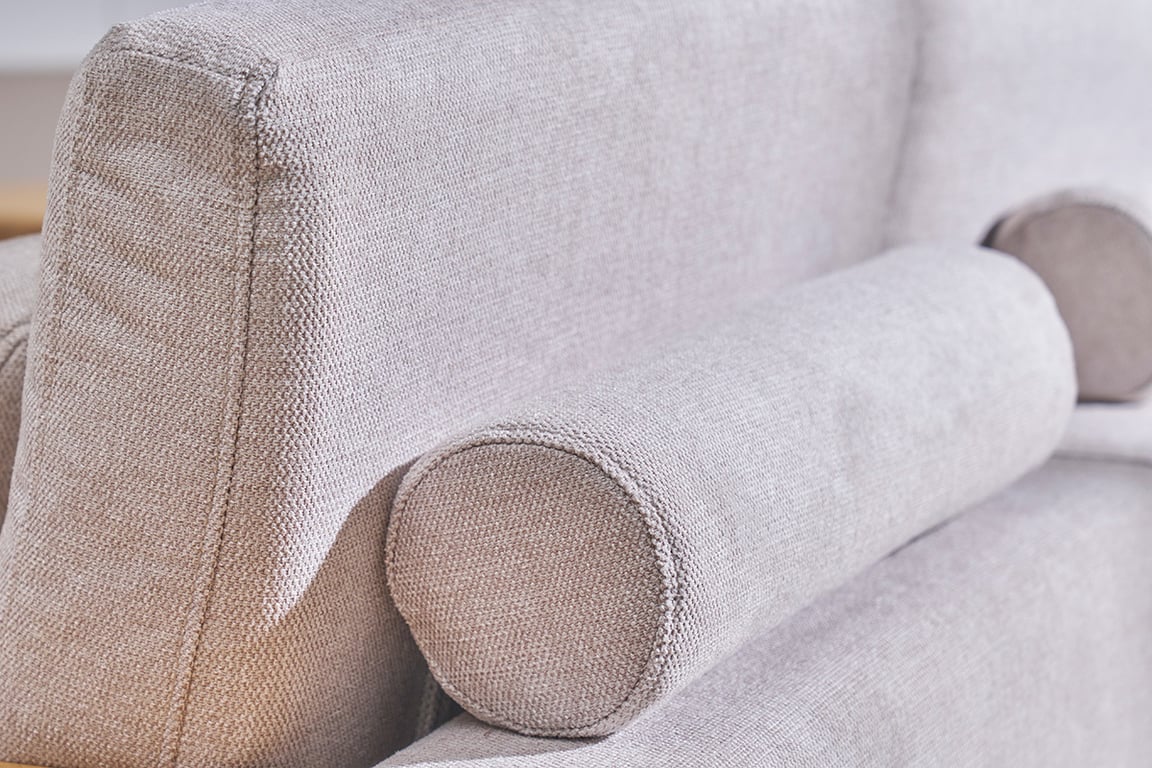 Canapé d'angle gauche 5 places avec rangements en tissu effet velours texturé gris clair et bois clair KOMAO - Vue supplémentaire 2