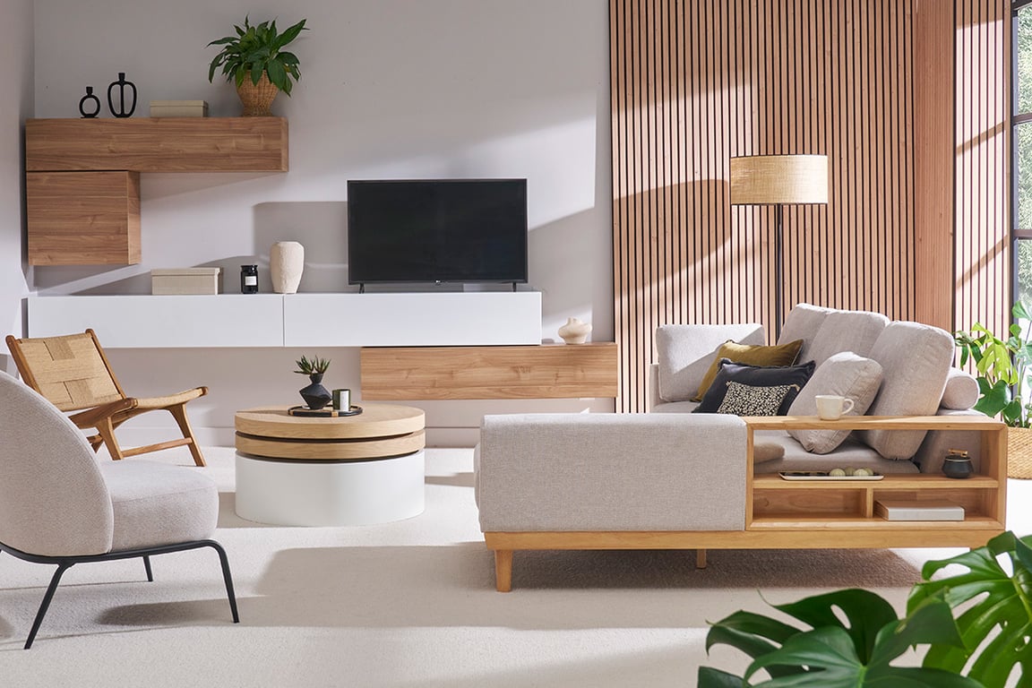 Canapé d'angle gauche 5 places avec rangements en tissu effet velours texturé gris clair et bois clair KOMAO - Vue supplémentaire 3