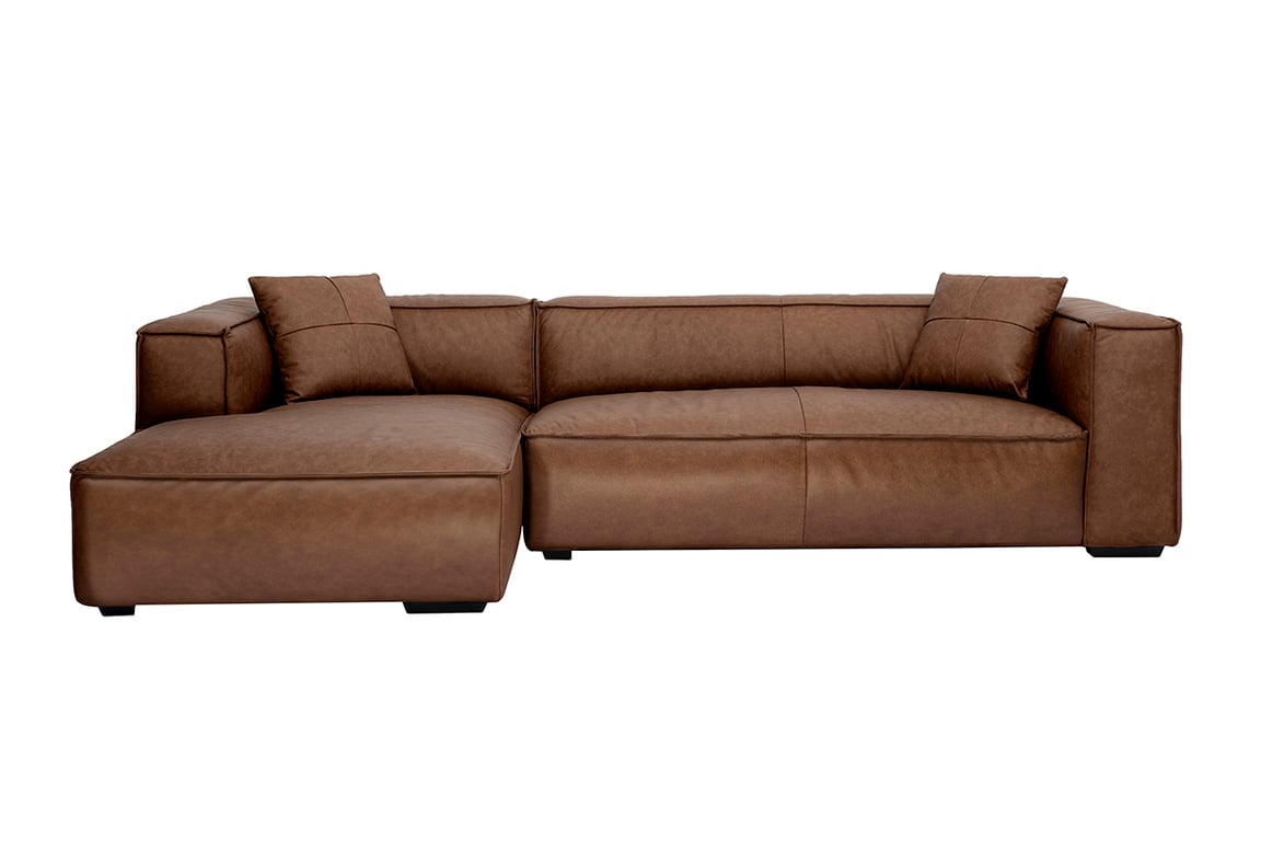 Cobain - Canapé d'angle gauche vintage 4-5 places en cuir marron - Vue supplémentaire 1