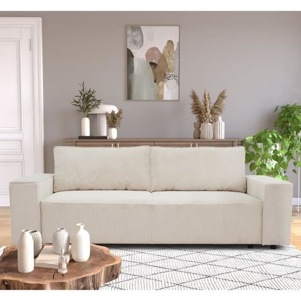 Canapé Josh convertible 3 places velours côtelé beige