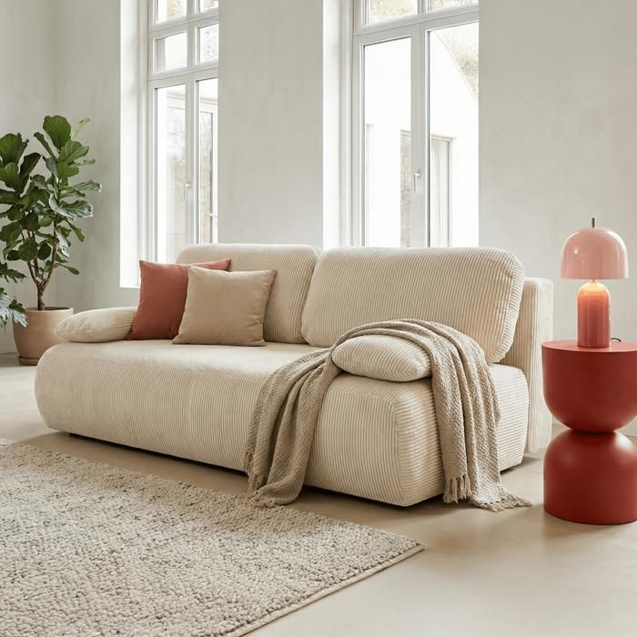 Produit similaire: Canapé convertible 3 places avec coffre de rangement en velours côtelé beige - Gemma