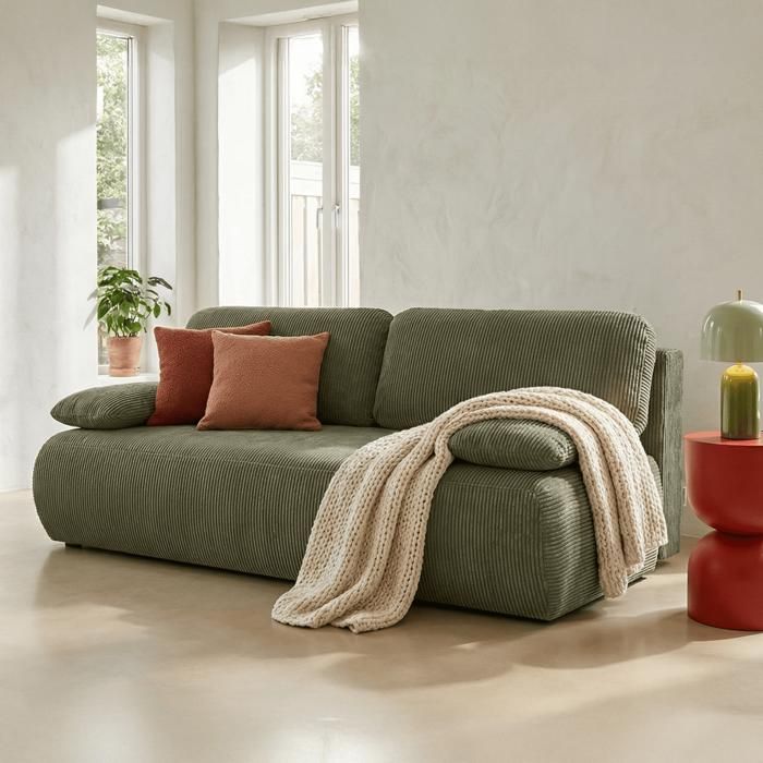 Produit similaire: Canapé convertible 3 places avec coffre de rangement en velours côtelé vert kaki - Gemma