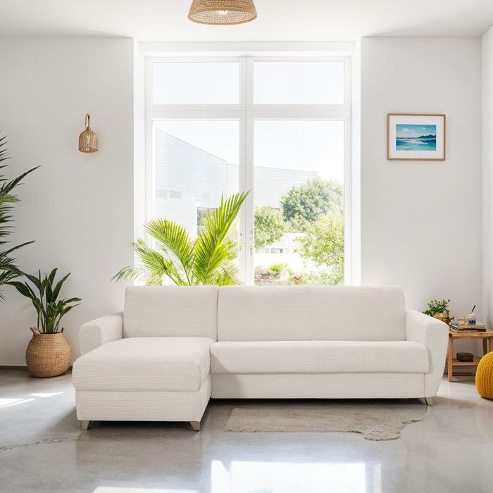 Produit similaire: Canapé d'angle convertible réversible 5 places en velours côtelé beige - ouverture express - Leandro