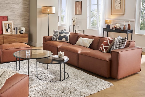 Split - Canapé modulable vintage 4 places en cuir de buffle marron