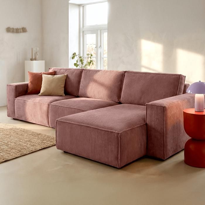 Produit similaire: Canapé d'angle convertible réversible 5 places avec coffre de rangement en velours côtelé vieux rose - Harper