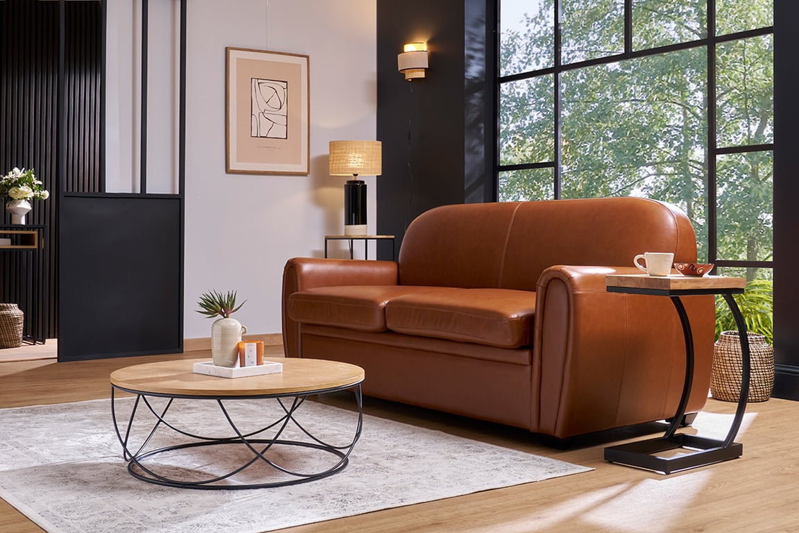 Produit similaire: Canapé convertible vintage 3 places cuir marron et bois noir avec matelas 9 cm CLUB