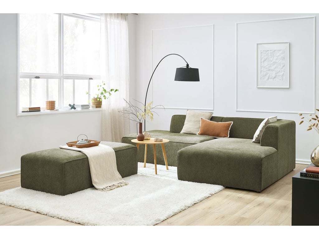 Produit similaire: Canapé d'angle fixe modulable MEGEVE tissu texturé avec pouf vert angle droit BOBOCHIC 5 places