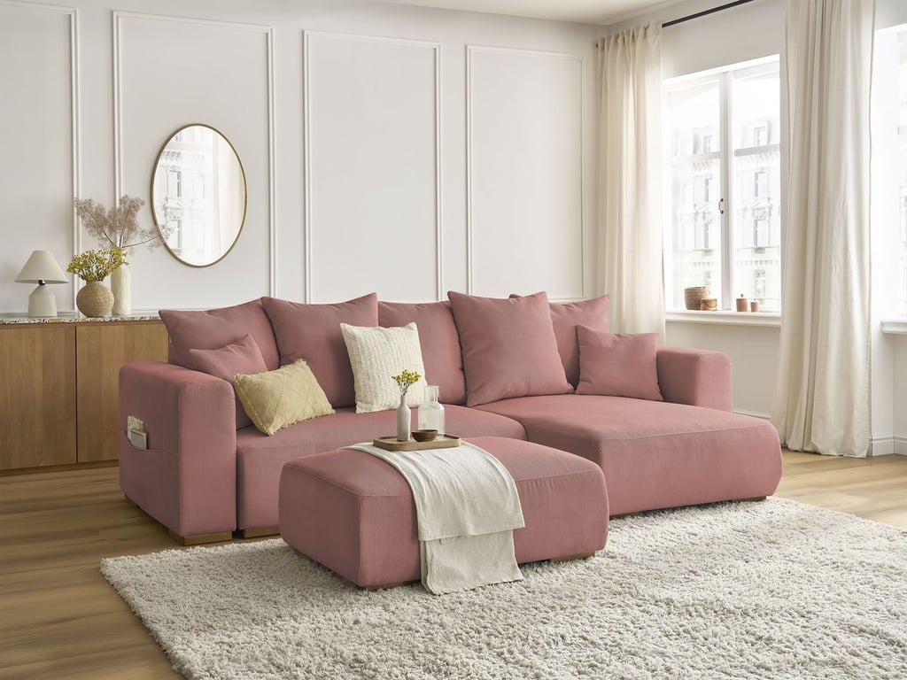 Produit similaire: Canapé d'angle convertible réversible coffre SIDONIE velours côtelé avec pouf rose BOBOCHIC 4 places