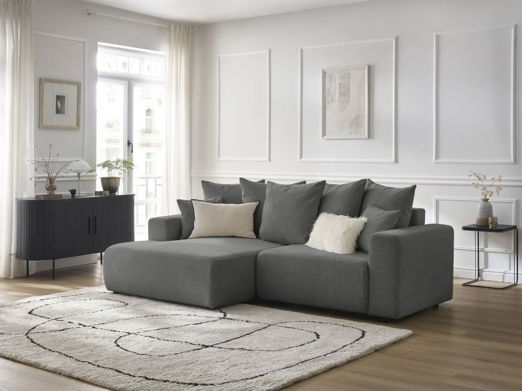 Produit similaire: Canapé d'angle convertible coffre ATILLA tissu chiné gris foncé angle gauche BOBOCHIC 4 places