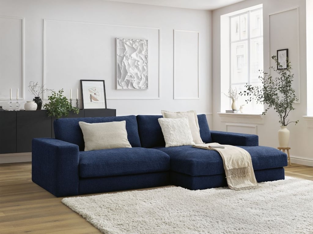 Produit similaire: Canapé d'angle fixe LEONARD tissu texturé bleu foncé angle droit BOBOCHIC 4 places