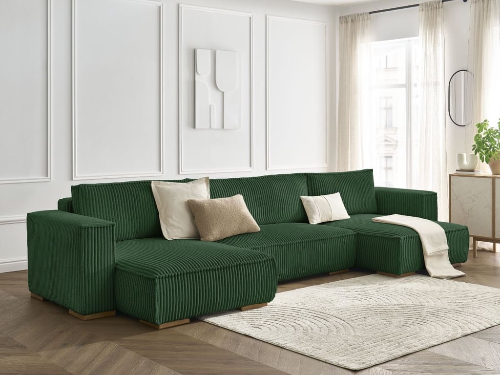 Produit similaire: Canapé panoramique convertible coffre CHELSEA gros côtelé doux vert BOBOCHIC 4 places