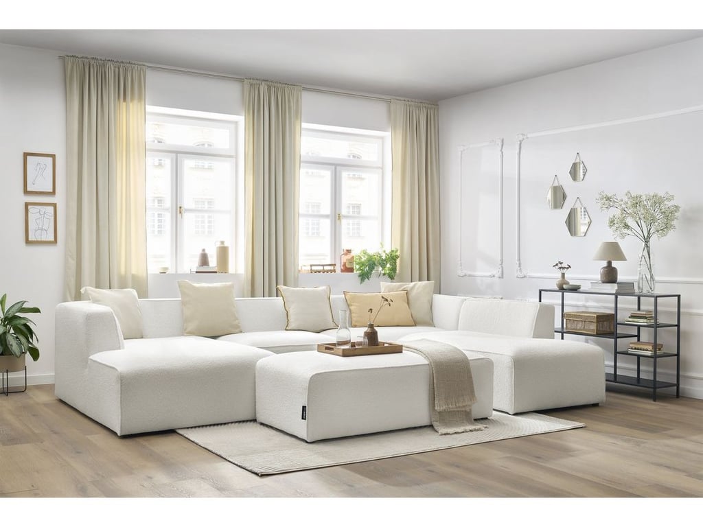 Produit similaire: Canapé panoramique fixe MEGEVE avec pouf tissu bouclette blanc angle gauche BOBOCHIC 6 places