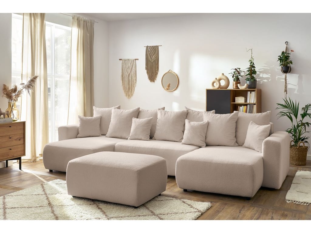 Produit similaire: Canapé panoramique convertible coffre ENVY tissu bouclette avec pouf rectangulaire beige BOBOCHIC 6 places