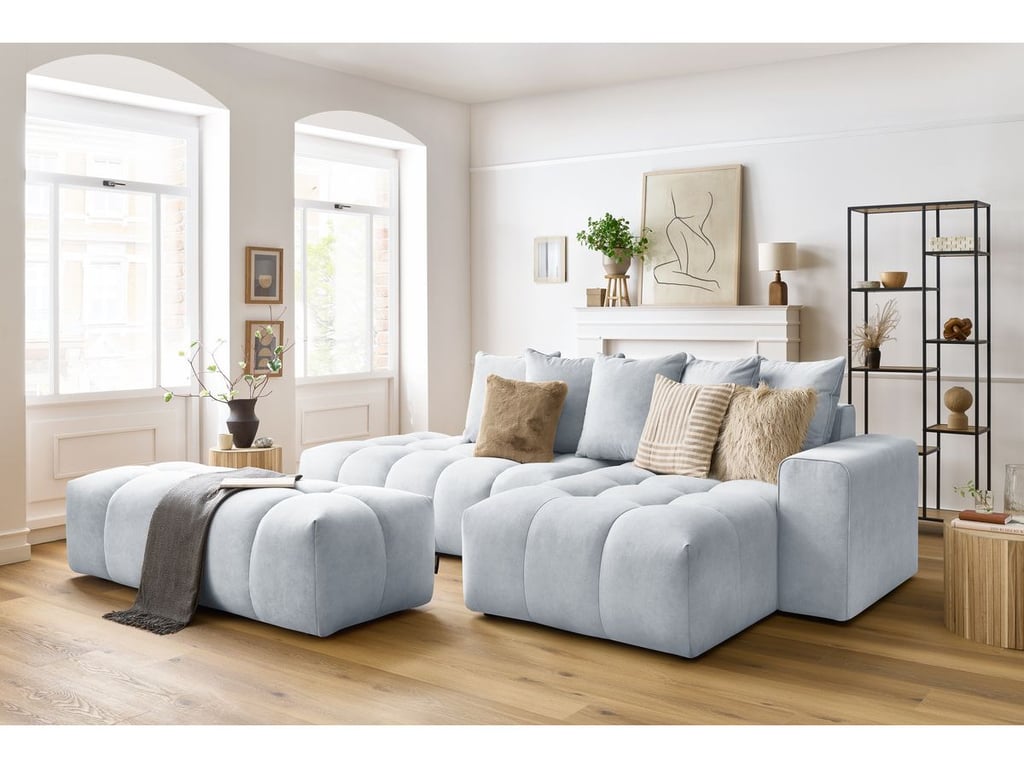 Produit similaire: Canapé d'angle fixe MONT-BLANC velours avec pouf gris clair angle droit BOBOCHIC 4 places