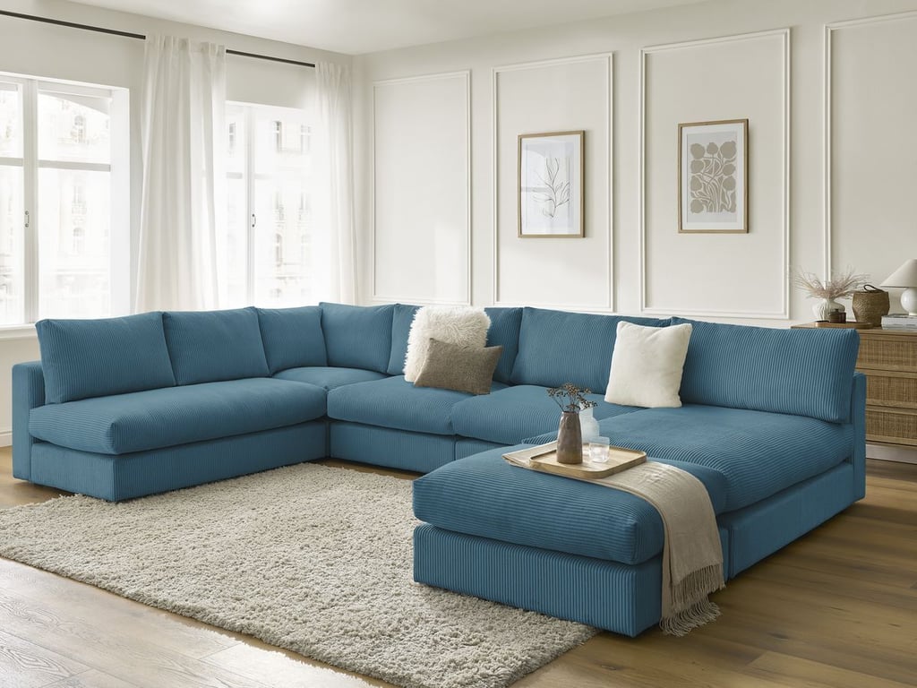 Produit similaire: Canapé d'angle modulable PARIS velours côtelé avec 3 chauffeuses, 1 méridienne, 1 angle, et 1 pouf bleu clair BOBOCHIC 6 places