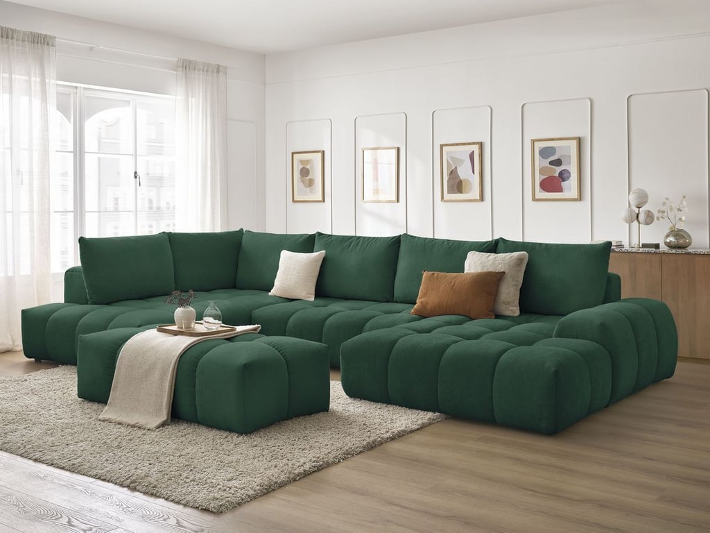 Produit similaire: Canapé panoramique convertible coffre EVEREST tissu texturé avec pouf vert angle droit BOBOCHIC 7 places