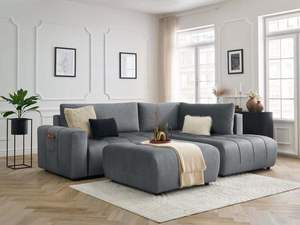 Produit similaire: Canapé d'angle L convertible coffre ARSENE tissu velours avec pouf gris foncé angle droit BOBOCHIC 4 places