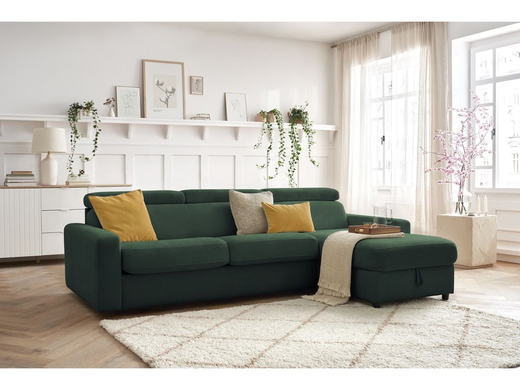 Canapé d'angle réversible convertible coffre MONACO tissu lisse vert 140x190 réversible BOBOCHIC 3 places