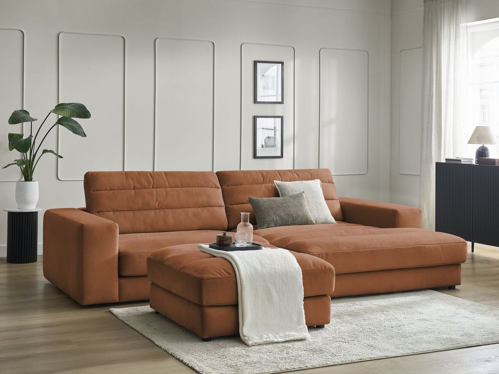 Produit similaire: Canapé d'angle fixe SIERRA velours avec pouf orange angle droit BOBOCHIC 4 places