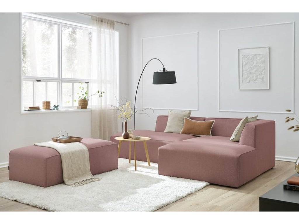 Produit similaire: Canapé d'angle fixe modulable MEGEVE tissu chiné avec pouf rose angle droit BOBOCHIC 5 places