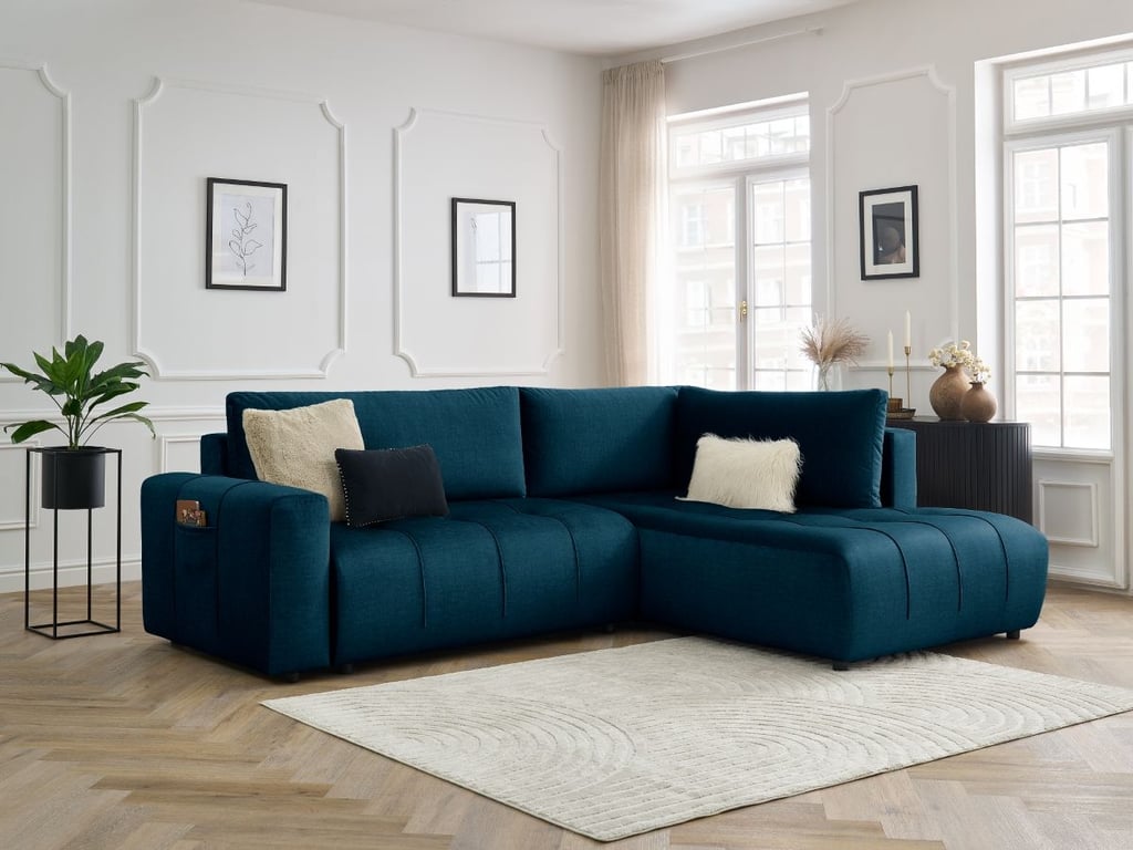 Produit similaire: Canapé d'angle L convertible coffre ARSENE tissu velours bleu foncé angle droit BOBOCHIC 3 places