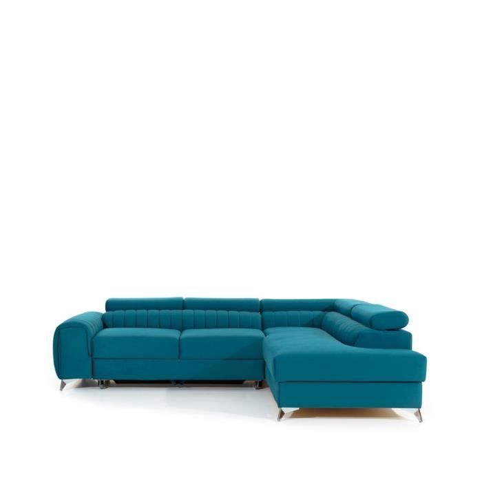 Canapé d'angle Droit-Gauche en lit convertible avec coffre 4-5 places 278x92x205 cm OLIVIER (Droite, Bleu - SOLAR 77)
