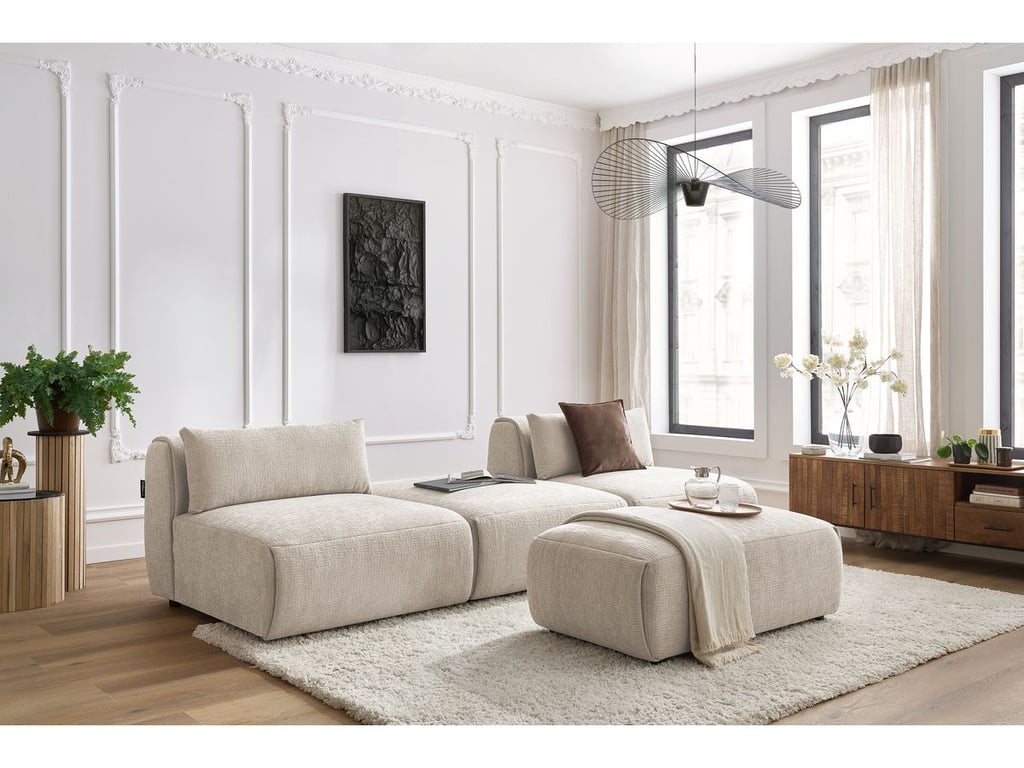 Produit similaire: Canapé droit fixe 3 places JEANNE avec pouf tissu texturé beige BOBOCHIC 4 places