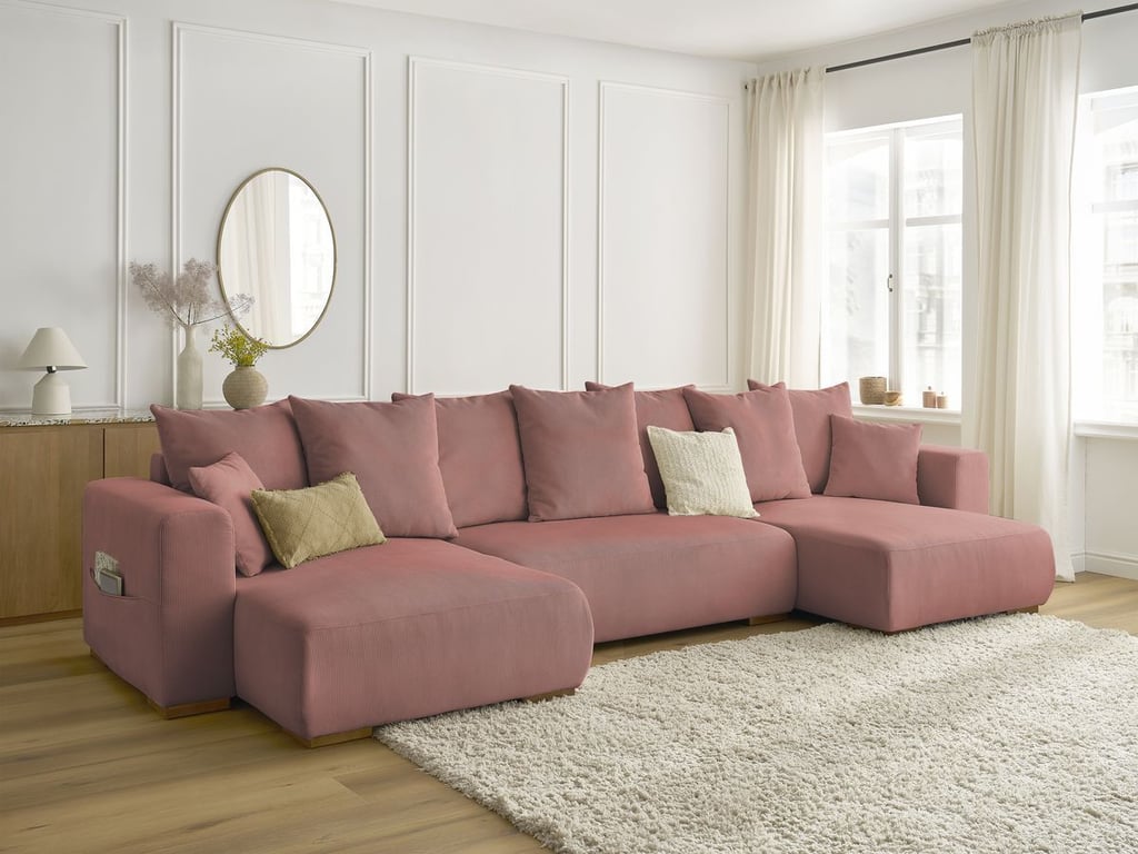 Produit similaire: Canapé panoramique convertible coffre SIDONIE velours côtelé rose BOBOCHIC 4 places