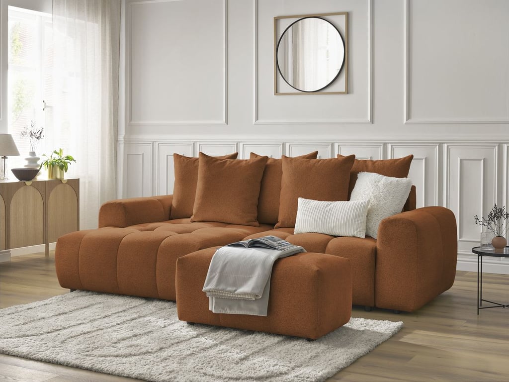 Produit similaire: Canapé d'angle convertible coffre ROXELANE tissu chiné avec pouf orange angle gauche BOBOCHIC 3 places