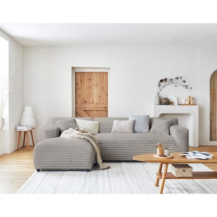 Produit similaire: Canapé d'angle gauche Laponie 4 places en velours côtelé grosse côte gris clair